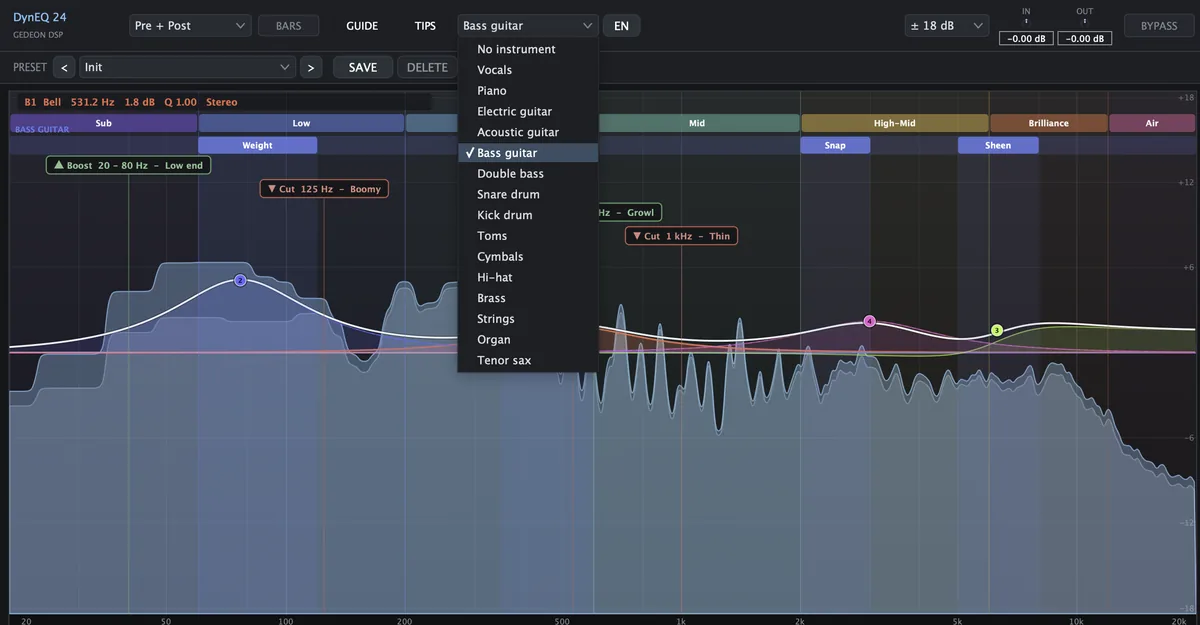 Instrument selection menu and cut / boost advice bubbles in DynEQ 24
